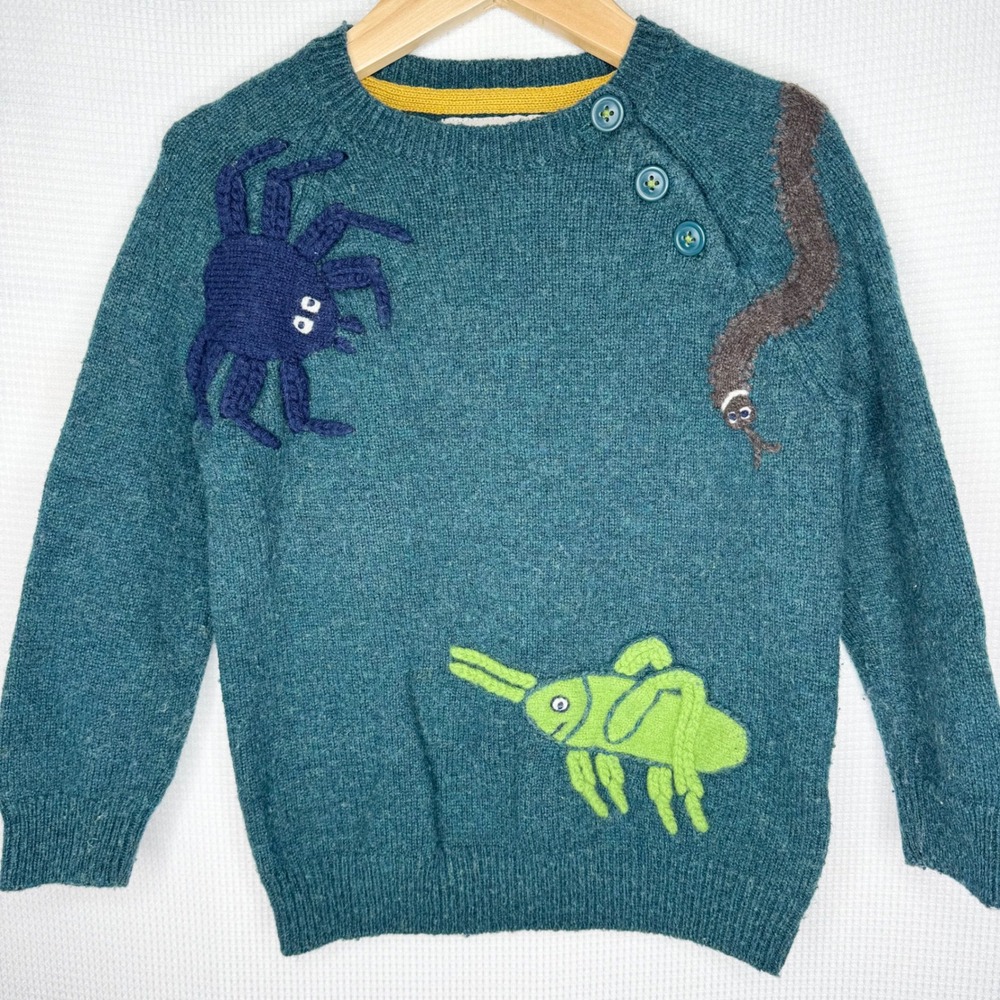 Mini Boden Roald Dahl 80% Wool Warm Sweater Teal Spider Gasshopper Worm 4-5 Yrs